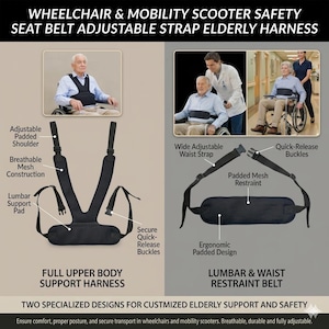 Puede incluir: Arneses de seguridad negros para sillas de ruedas y scooters de movilidad. La imagen muestra dos diseños: un arnés de soporte completo para la parte superior del cuerpo y un cinturón de sujeción lumbar y de cintura. Incluye hombros acolchados ajustables, construcción de malla transpirable y hebillas de liberación rápida.