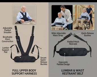 Wheelchair Safety Belt with Shoulder Harness, Adjustable Padded Chest Strap for Patient Support & Fall Prevention