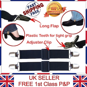 Pode incluir: Dois suspensórios elásticos pretos para calças com clipes metálicos prateados e fivelas de plástico ajustáveis. Os suspensórios são projetados para evitar que as calças deslizem.