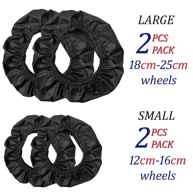 K&ouml;nnte beinhalten: Vier schwarze, kreisf&ouml;rmige Radabdeckungen mit elastischen R&auml;ndern. Das obere Set ist mit LARGE 2 PCS PACK f&uuml;r 18cm-25cm R&auml;der beschriftet. Das untere Set ist mit SMALL 2 PCS PACK f&uuml;r 12cm-16cm R&auml;der beschriftet. Abdeckungen f&uuml;r runde Objekte.