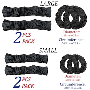 K&ouml;nnte beinhalten: Zwei Sets schwarzer elastischer Abdeckungen in den Gr&ouml;&szlig;en gro&szlig; und klein. Das gro&szlig;e Set hat einen Durchmesser von 18cm bis 25cm und einen Umfang von 56,5cm bis 78,5cm. Das kleine Set hat einen Durchmesser von 12cm bis 16cm und einen Umfang von 38cm bis 50,2cm.