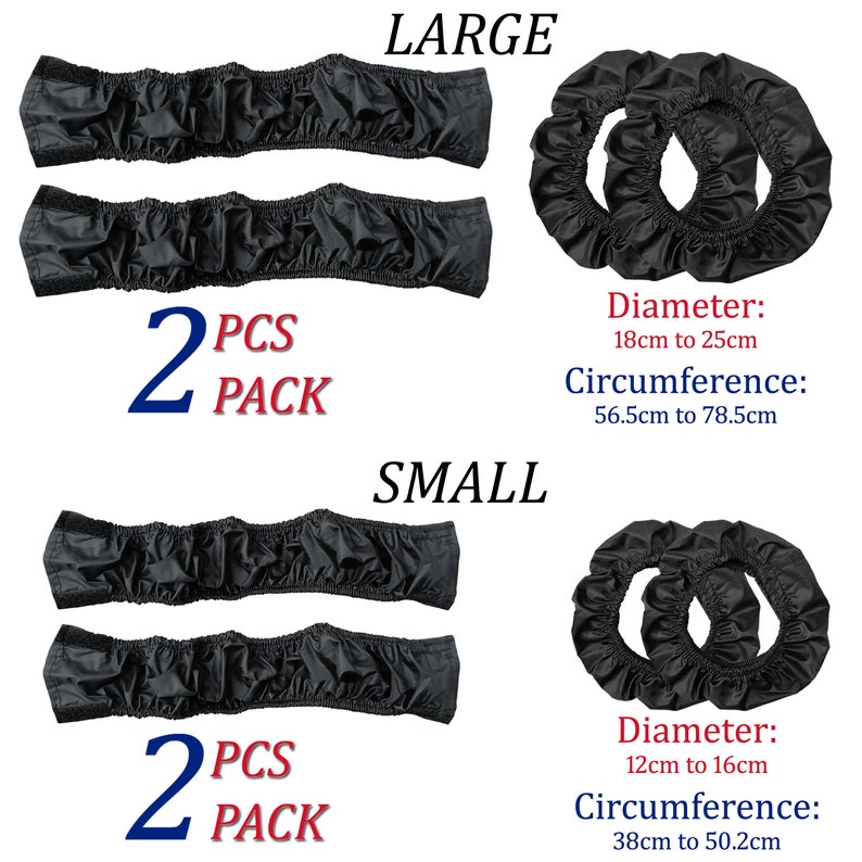 K&ouml;nnte beinhalten: Zwei Sets schwarzer elastischer Abdeckungen in den Gr&ouml;&szlig;en gro&szlig; und klein. Das gro&szlig;e Set hat einen Durchmesser von 18cm bis 25cm und einen Umfang von 56,5cm bis 78,5cm. Das kleine Set hat einen Durchmesser von 12cm bis 16cm und einen Umfang von 38cm bis 50,2cm.