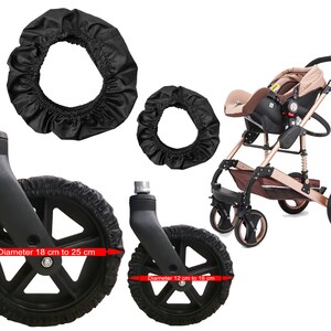 K&ouml;nnte beinhalten: Ein beigefarbener und schwarzer Kinderwagen mit zwei schwarzen Radabdeckungen. Die Abdeckungen sind auf zwei separaten R&auml;dern abgebildet, eines mit einem Durchmesser von 18 cm bis 25 cm und das andere mit einem Durchmesser von 12 cm bis 16 cm.