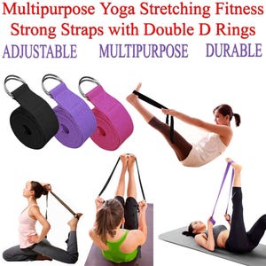 Könnte beinhalten: Drei Yogagurte mit D-Ringen in Schwarz, Lila und Rosa. Die Gurte sind verstellbar und können zum Dehnen und Fitnesstraining verwendet werden. Das Bild zeigt auch drei Personen, die die Gurte in verschiedenen Yoga-Posen verwenden.