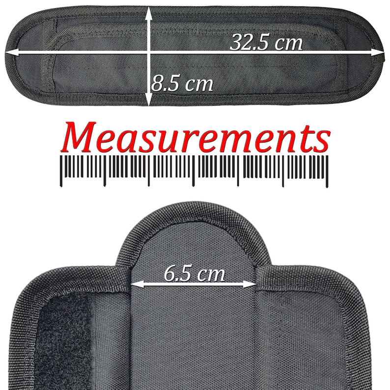May include: Black fabric strap with measurements in inches. The strap is 12.8 inches long and 3.3 inches wide. A smaller black fabric strap is 2.6 inches wide.