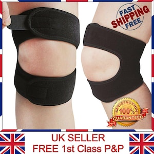May include: Black knee support strap with adjustable velcro closure. The strap is made of a soft, comfortable material and is designed to provide support and stability to the knee joint.
