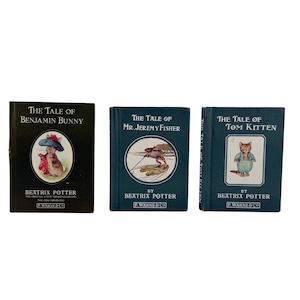 May include: Three vintage children's books by Beatrix Potter. The books are titled "The Tale of Benjamin Bunny", "The Tale of Mr. Jeremy Fisher", and "The Tale of Tom Kitten". Each book features a colorful illustration of the main character on the cover.