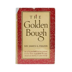 May include: A hardcover book titled "The Golden Bough" by Sir James G. Frazer. The book has a cream-colored cover with the title in large, elegant lettering. The cover has a red textured border and includes text about the book's content.