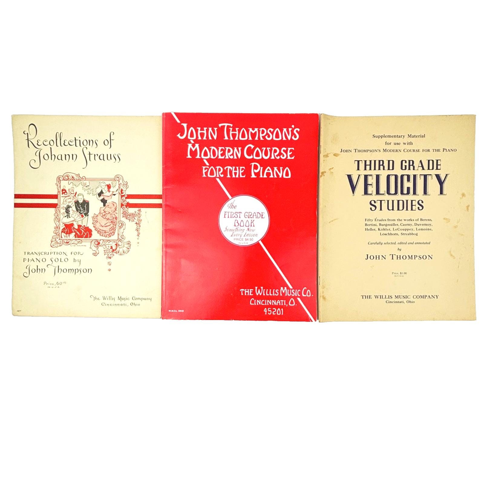 John Thompson's Modern Course Piano + 3rd Grade Velocity & Strauss - 3 Book Lot