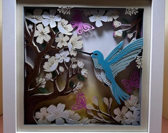 Hummingbird Shadowbox, 3D Layered Papercut Art, Floral Framed Art