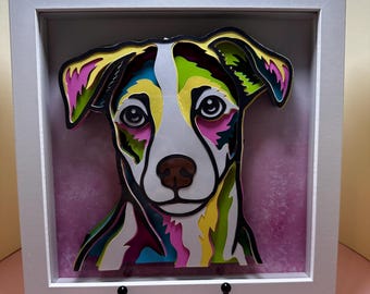 Jack Russell Shadowbox, Colorful 3D Layered Papercut Art