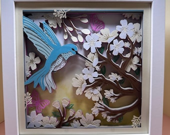 Hummingbird & Blossoms Layered Papercut Shadowbox, Framed 3D Art