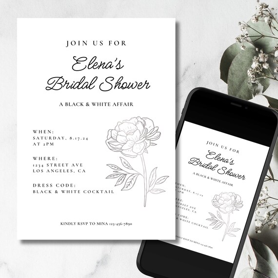 Editable Black and White Bridal Shower Invitation Floral, Bachelorette, Minimalist, Dress Code, Customizable Template, Digital Download - Etsy Editable Black and White Bridal Shower Invitation Floral, Bachelorette, Minimalist, Dress Code, Customizable Template, Digital Download - Etsy
