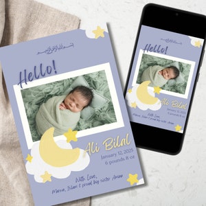 Editable Muslim Baby Birth Announcement Template, Painted Moon and Stars, Muslim Baby Announcement, Muslim Newborn, Customizable Template