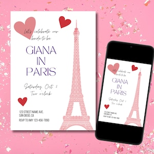 Convite para chá de panela inspirado em Emily em Paris editável com corações, despedida de solteira, modelo personalizável, download digital