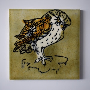 May include: Square ceramic tile with an owl illustration. The owl is rendered in brown, white, and black, set against a pale green backdrop. The artwork is outlined in black, with a stylized design at the base. The tile has a crackled effect.