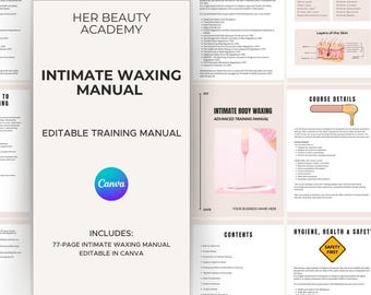 Puede incluir: Un manual titulado "Intimate Waxing Manual" con el texto "Editable Training Manual". El manual incluye un manual de depilación íntima de 77 páginas, editable en Canva. La portada presenta el logotipo de Her Beauty Academy y un logotipo de Canva.