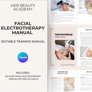 Puede incluir: Un manual titulado "FACIAL ELECTROTHERAPY MANUAL" con el texto "HER BEAUTY ACADEMY" en la parte superior. La portada incluye el logotipo de Canva e indica que es un manual de formación editable de 192 páginas.