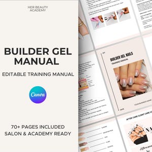 May include: A white manual titled "Builder Gel Manual" with the text "Editable Training Manual." The cover features a Canva logo and states "70+ Pages Included Salon & Academy Ready." Additional pages show nail art diagrams.