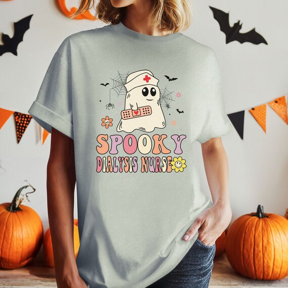 Spooky Dialysis Nurse Shirt with Ghost Design Bright and Colorful