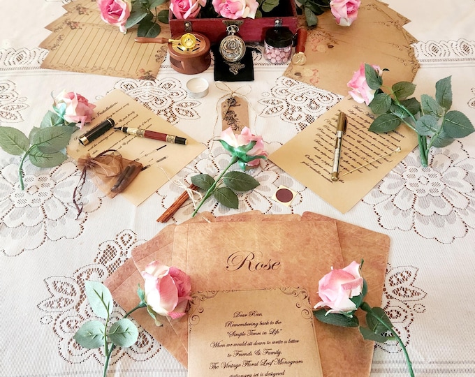 Vintage Floral Leaf Monogram Stationery Gift Box ~ Hollowed Rose Edition~