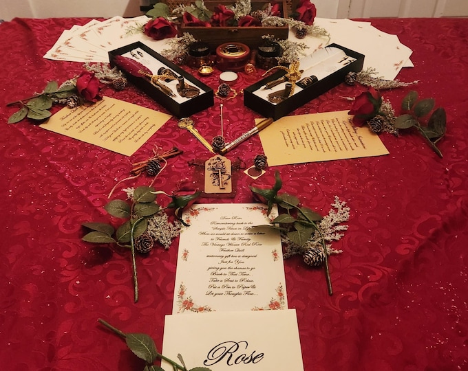 Vintage Winter Red Rose Feather Quill stationary gift box