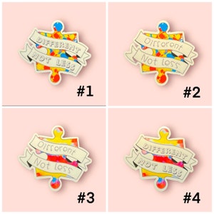 Könnte beinhalten: Vier bunte Puzzle-Stücke mit dem Text "Different Not Less" auf jedem. Die Pins befinden sich auf einem rosa Hintergrund.
