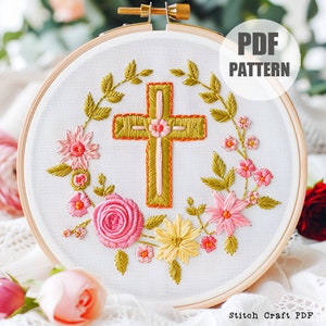 Floral cross Hand embroidery pattern, Cross Embroidery pattern, Embroidery design, Beginner embroidery, Christian Hand embroidery, idea gift