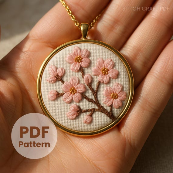 Cherry Blossom Embroidery Pattern: Sakura Pendant, Floral Necklace