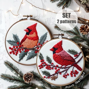 Kardinalvogel mit Beeren, rote Kardinal-Handstickerei, Geschenk für Vogelliebhaber, rote Kardinal-Muster, Weihnachtsstickerei, Handstickerei