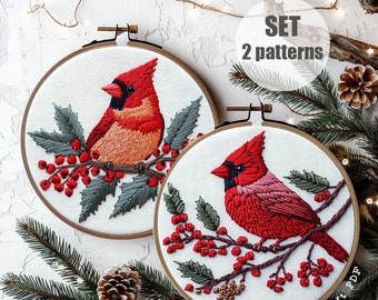 Cardinal bird with berries, Red Cardinal Hand Embroidery, Gift for Bird Lovers, Red Cardinal Pattern, Christmas Embroidery, Hand Embroidery