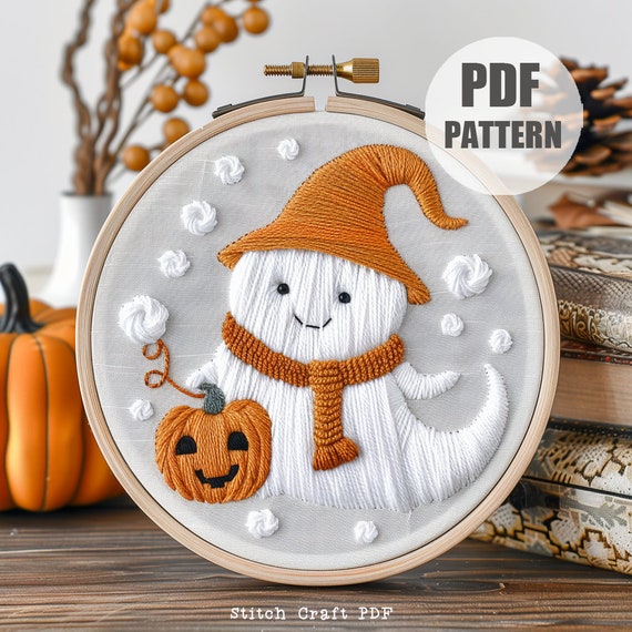 Cute Ghost Hand Embroidery Pattern, Ghost Design, Pumpkin Embroidery Pattern, Halloween Pattern, Hand Embroidery, Halloween embroidery craft