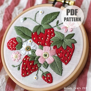 Borduurwerk aardbeien en bloemen, sjabloon aardbeien, aardbeien, handborduurwerk, borduurkunst, knutselen voor beginners, doe-het-zelfborduurwerk
