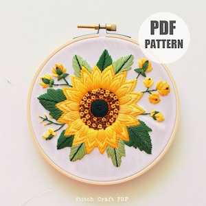 Sunflower Embroidery Pattern, Easy Floral Embroidery Pattern, Beginner friendly, PDF Pattern, DIY Embroidery, Hand Embroidery, digital file