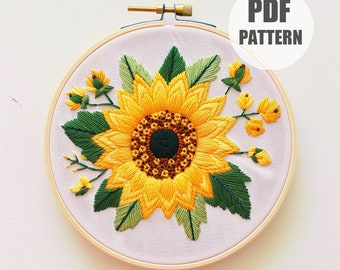 ひまわりの刺繍パターン、PDF パターン、初心者向け刺繍パターン