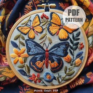 Butterflies Hand Embroidery Pattern, Butterfly Pattern, Dark Butterfly, Hand Embroidery, DIY Embroidery PDF, Beginner Embroidery, hoop art