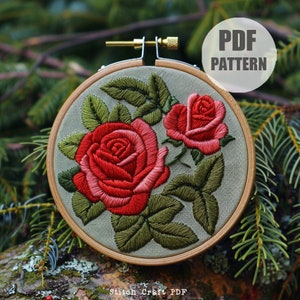 赤いバラの刺繍パターン、刺繍パターン、花の刺繍パターン、刺繍PDF、手刺繍、DIY刺繍、PDFパターン