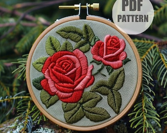Red roses embroidery pattern, embroidery pattern, floral embroidery pattern, embroidery PDF, hand embroidery, DIY embroidery, pdf pattern