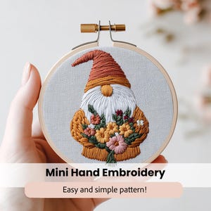 Funny Garden Gnome Embroidery Pattern, Cute Gnome Hand Embroidery, Whimsical Gnome Stitching, Needlework, Spring Gnome Decor, Printable PDF