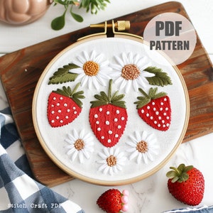 Strawberries and daisies, Embroidery Pattern, PDF Download,Strawberry Decor, Kitchen Embroidery Design, Strawberry Embroidery, Kitchen Decor
