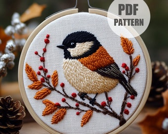 Chickadee Hand Embroidery Pattern: Autumn Bird Hoop Art (PDF Pattern)