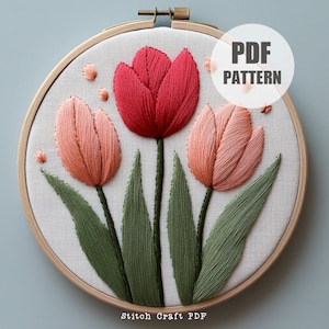 Pink Tulip Hand Embroidery Pattern, DIY Spring Floral Hoop Art (PDF Pattern)
