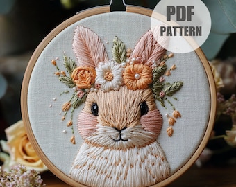 Bunny with Floral Crown Embroidery Pattern: Modern Rabbit Design, cozy home (PDF Pattern)