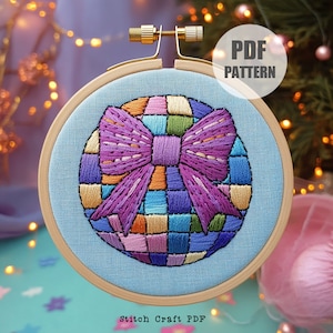 PDF Pattern, Disco Ball Bow Embroidery Pattern, Girly Embroidery, Beginner Embroidery, Disco Shimmer, Coquette bow, Hand Embroidery Pattern