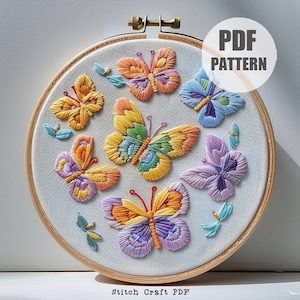 Colorful Butterflies Embroidery, Whimsical Hand Embroidery, Cute Embroidery, Hoop art, DIY Hand Embroidery, PDF Pattern, Butterfly Design