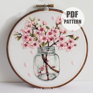 桜の花瓶の刺繍パターン、即時ダウンロード、花の刺繍、PDF パターン、DIY 刺繍、植物のパターン、花のパターン