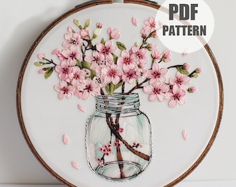 Cherry blossom vase Embroidery Pattern, Instant Download, floral Embroidery, PDF Pattern, DIY Embroidery, botanical pattern, flower pattern