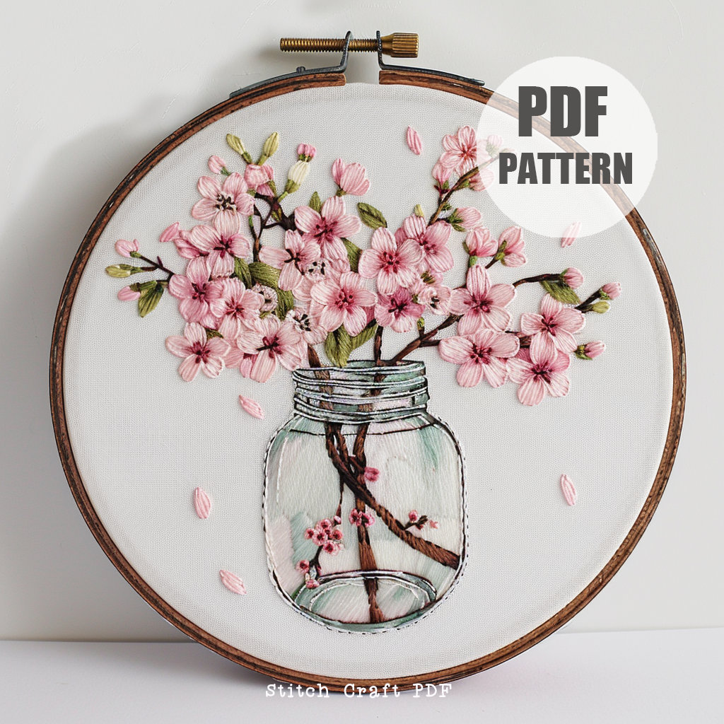 Cherry Blossom Vase Embroidery Pattern: Floral DIY, Beginner
