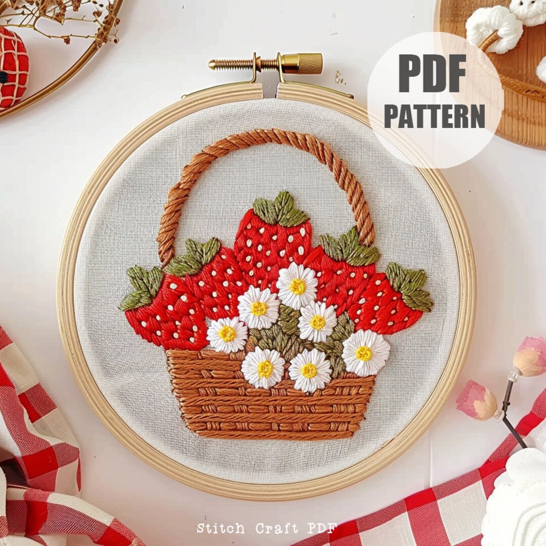 ストロベリーバスケットの手刺繍パターン、夏の花柄（PDFパターン