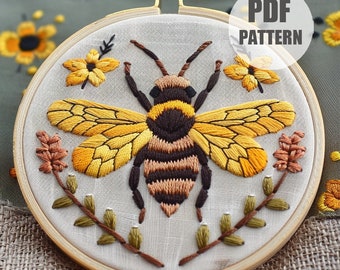Honey Bee Floral Hand Embroidery Pattern, DIY Spring Craft, Hoop